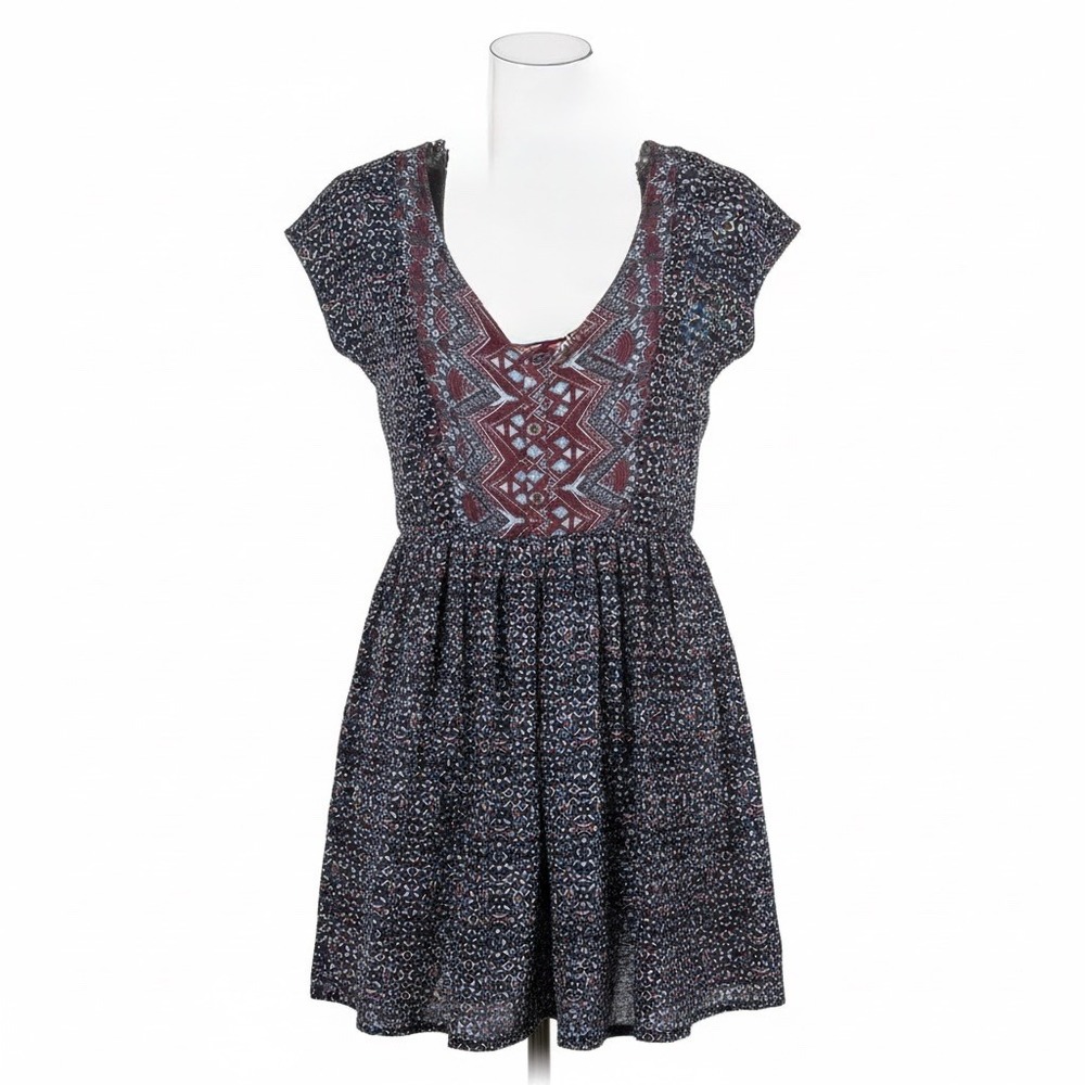 Free People Boho Sundown Mini Dress XS Geo Print Embroider Festival‎ Hippie Chic